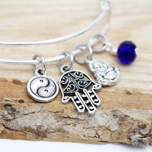 Yin Yang, Hamsa & Buddha Adjustable Charm Bangle - Handcrafted Hypoaller…